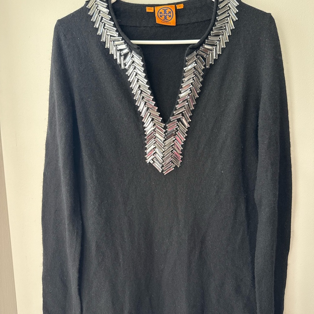 Tory Burch Black V-Neck Sweater with Crystal Accents Wool/Cashemere